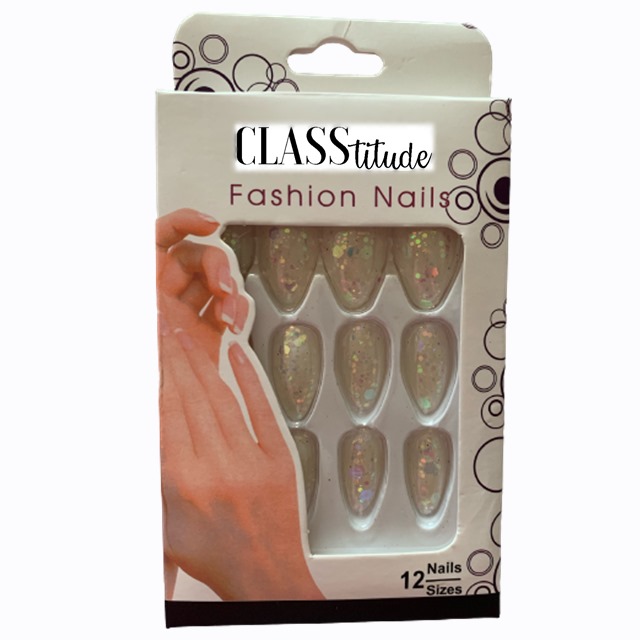 Set 12 unghii false autoadezive press-on glitter Alb