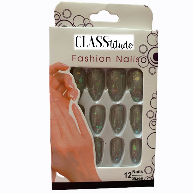 Set 12 unghii false autoadezive press-on glitter Gri