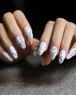 Set 24 unghii false autoadezive Migdala Marmura Alb-Gri