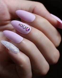 Set 24 unghii false autoadezive Migdala Mat Roz cu strasuri