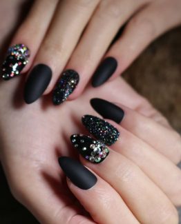 Set 24 unghii false autoadezive Migdala Negru cu strasuri