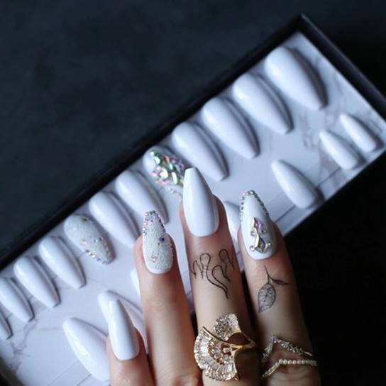 Set 24 unghii false press ON Balerina strasuri glossy White