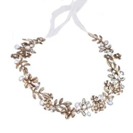 Diadema par cu model flori si frunze cristale si perle Auriu1 Diadema par cu model flori si frunze cristale si perle Auriu