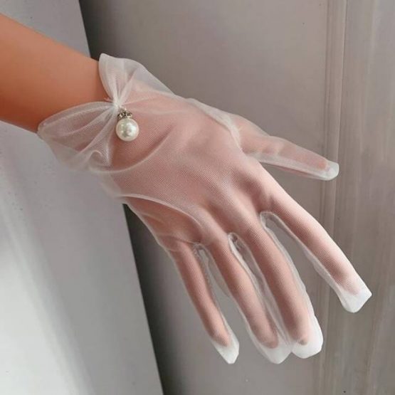 Manusi dantela tulle cu perle scurte marime universala Alb