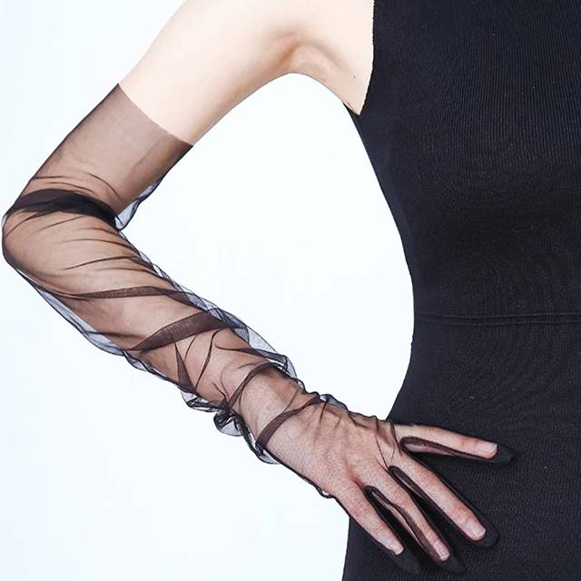 Manusi tip dantela tulle lungi marime universala Negru