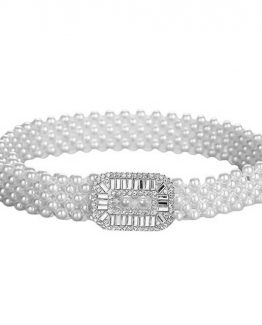Curea din perle albe cu catarama cu strasuri Argintiu