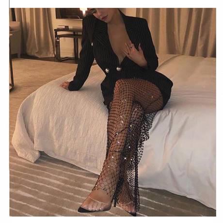 Pantaloni plasa cu strasuri lungime 115 cm Negru