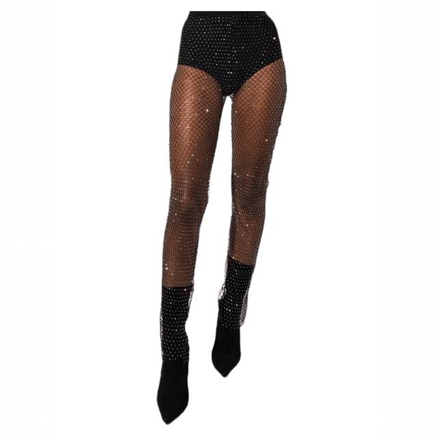 Pantaloni plasa cu strasuri lungime 115 cm Negru