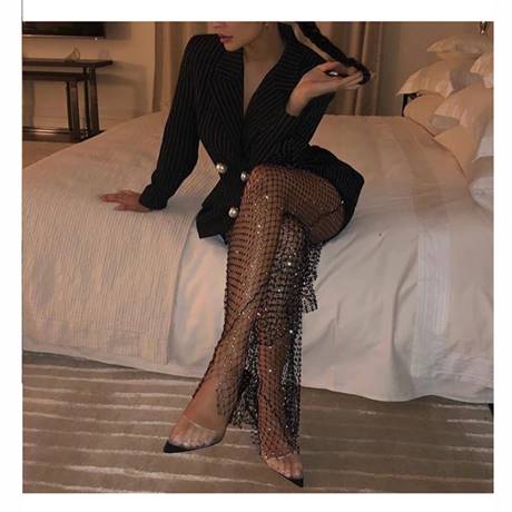 Pantaloni plasa cu strasuri lungime 115 cm Negru