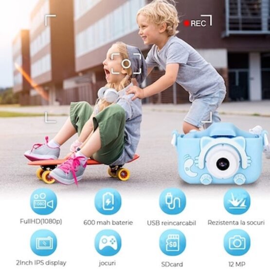 Aparat foto pentru copii cu SD card 16 GB, Albastru Aparat foto pentru copii cu SD card 16 GB, Albastru