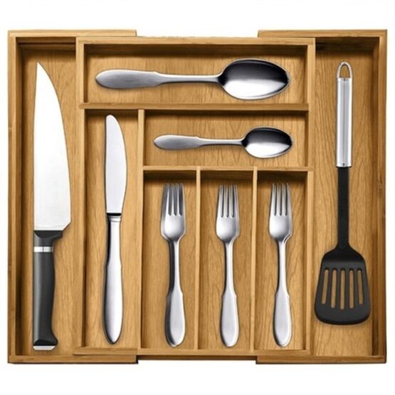 Organizator pentru tacamuri din lemn de bambus, extensibil