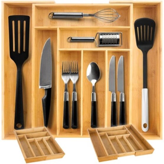 Organizator pentru tacamuri din lemn de bambus, extensibil
