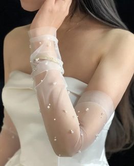 Manusi mireasa fara degete din voal cu perle, marime universala, Alb