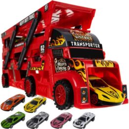 Set camion echipat cu 6 masinute 3 nivele RosuSet camion echipat cu 6 masinute 3 nivele Rosu Set camion echipat cu 6 masinute 3 nivele Rosu