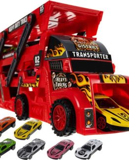 Set camion echipat cu 6 masinute 3 nivele Rosu
