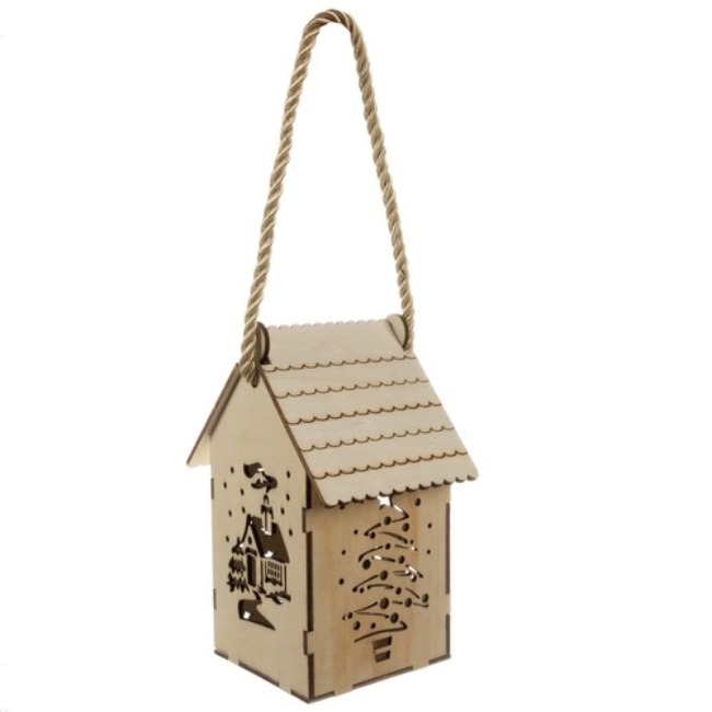 Casuta lemn cu LED motiv de Craciun 14x7x10 cm