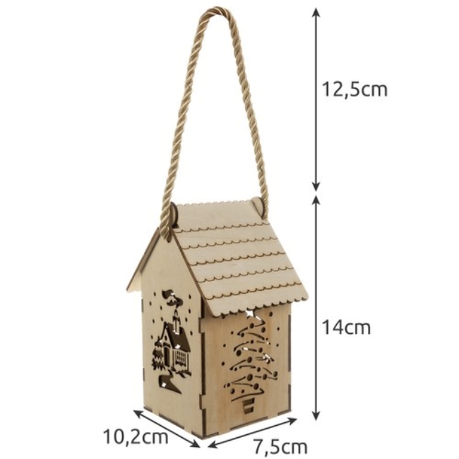 Casuta lemn cu LED motiv de Craciun 14x7x10 cm