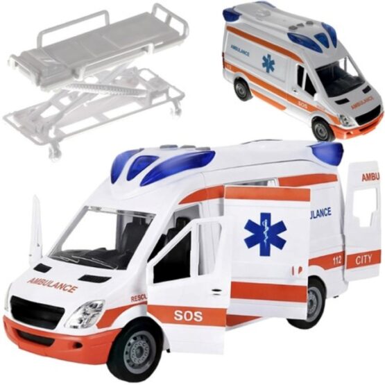 Masinuta ambulanta cu targa, sunete si lumini, Alb Masinuta ambulanta cu targa, sunete si lumini, Alb