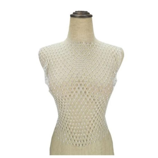 Maiou din plasa decorat cu cristale, crop-top, Alb