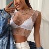 Maiou din plasa decorat cu cristale, crop-top, Alb