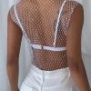 Maiou din plasa decorat cu cristale, crop-top, Alb