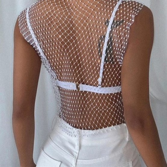 Maiou din plasa decorat cu cristale, crop-top, Alb