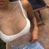 Maiou din plasa decorat cu cristale, crop-top, Alb