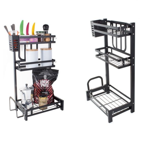 Suport depozitare bucatarie / baie, 3 rafturi, 60x38 cm, Negru Suport depozitare bucatarie / baie, 3 rafturi, 60x38 cm, Negru