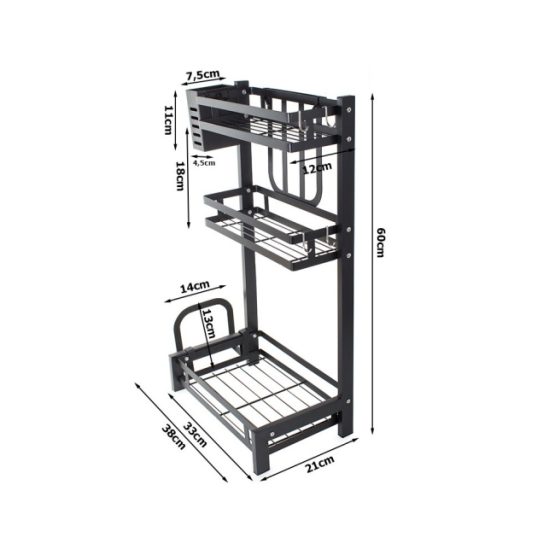 Suport depozitare bucatarie / baie, 3 rafturi, 60x38 cm, Negru Suport depozitare bucatarie / baie, 3 rafturi, 60x38 cm, Negru