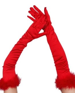 Manusi elegante din satin lungi, cu puf, marime universala, Rosu