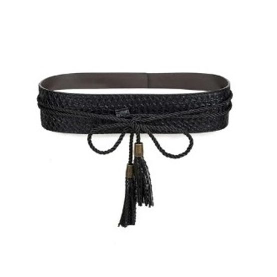 Curea lata pentru talie tip brau cu ciucurasi si fundita, dimensiune 70-85 cm, Negru - CLASStitude