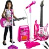 Set muzical complet format din chitara cu 6 corzi metalice, amplificator si microfon, Roz - KESNUP