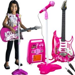 Set muzical complet format din chitara cu 6 corzi metalice, amplificator si microfon, Roz - KESNUP Set muzical complet format din chitara cu 6 corzi metalice, amplificator si microfon, Roz - KESNUP