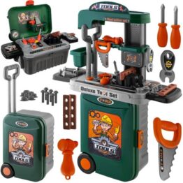 Set atelier de lucru de jucarie tip troller 3 in 1, cu unelte si accesorii, Verde - KESNUP