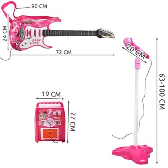 Set muzical complet format din chitara cu 6 corzi metalice, amplificator si microfon, Roz - KESNUP