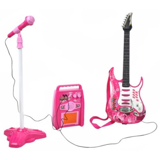 Set muzical complet format din chitara cu 6 corzi metalice, amplificator si microfon, Roz - KESNUP