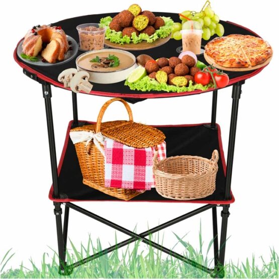 Masuta pliabila camping cu 2 etaje si 4 suporturi pentru pahare, Negru