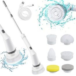 Perie electrica rotativa 360 de grade pentru curatare, 6 capete, Alb/Gri Perie electrica rotativa 360 de grade pentru curatare, 6 capete, Alb/Gri