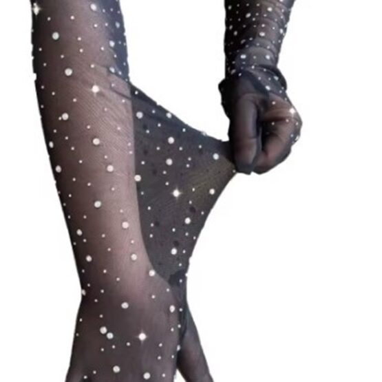 Manusi lungi peste cot, din tul decorat cu cristale si strasuri multicolore, Negru - KESNUP Manusi lungi peste cot, din tul decorat cu cristale si strasuri multicolore, Negru - KESNUP