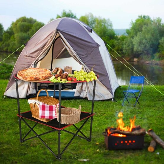 Masuta pliabila camping cu 2 etaje si 4 suporturi pentru pahare, Negru
