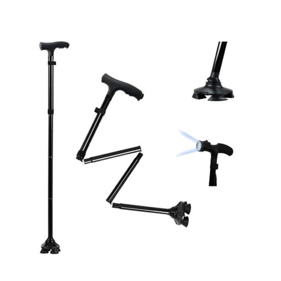 Baston ortopedic pliabil cu sprijin la sol in 4 puncte cu pivotare si lanterna LED, Negru
