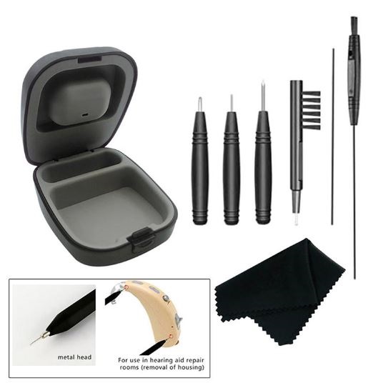 Kit profesional de curatare aparat auditiv, compus din 8 piese, Negru Kit profesional de curatare aparat auditiv, compus din 8 piese, Negru