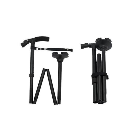 Baston ortopedic pliabil cu sprijin la sol in 4 puncte cu pivotare si lanterna LED, Negru