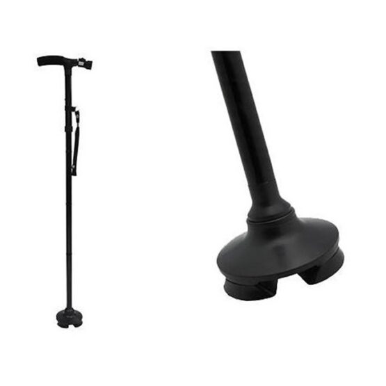 Baston ortopedic pliabil cu sprijin la sol in 4 puncte cu pivotare si lanterna LED, Negru