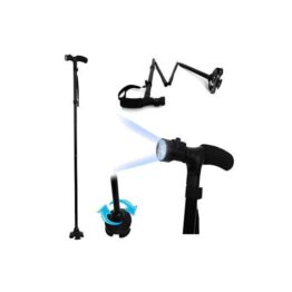 Baston ortopedic pliabil cu sprijin la sol in 4 puncte cu pivotare si lanterna LED, Negru Baston ortopedic pliabil cu sprijin la sol in 4 puncte cu pivotare si lanterna LED, Negru