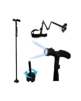 Baston ortopedic pliabil cu sprijin la sol in 4 puncte cu pivotare si lanterna LED, Negru