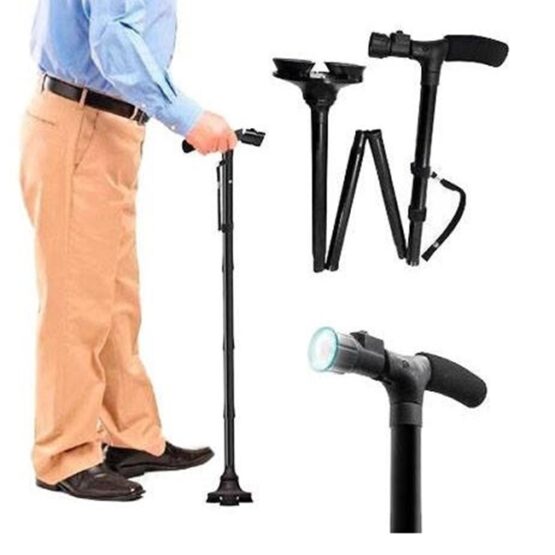 Baston ortopedic pliabil cu sprijin la sol in 4 puncte cu pivotare si lanterna LED, Negru
