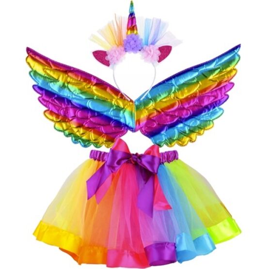 Costum unicorn, compus din bentita, aripioare si rochita stil tutu, Multicolor Costum unicorn, compus din bentita, aripioare si rochita stil tutu, Multicolor