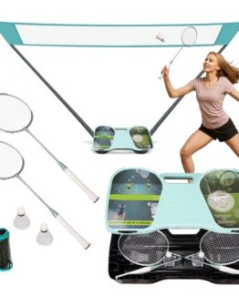 Set complet badminton, compus din 2 palete, 2 fluturasi, un fileu, 2 suporturi de sustinere, Bleu / Alb / Negru