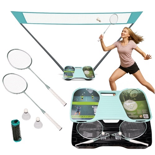 Set complet badminton, compus din 2 palete, 2 fluturasi, un fileu, 2 suporturi de sustinere, Bleu / Alb / Negru Set complet badminton, compus din 2 palete, 2 fluturasi, un fileu, 2 suporturi de sustinere, Bleu / Alb / Negru